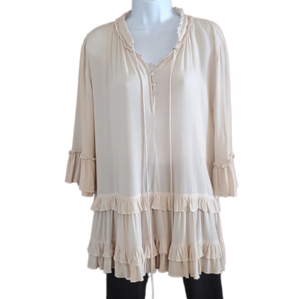 JODIFL Cream Long Sleeve Ruffle Boho Tunic Top